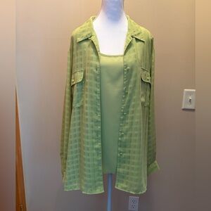 #424 2 piece, Liz Baker Light Green Sheer Check Button-Up Top with Tank